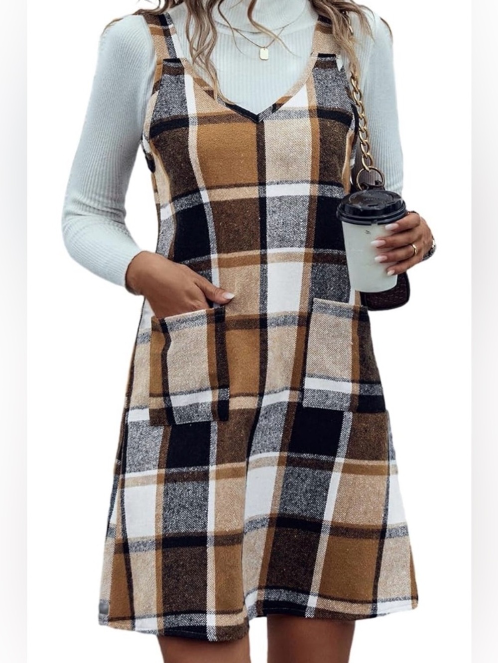 Plaid V-Neck Pinafore Dress in Camel and Black Size Small
